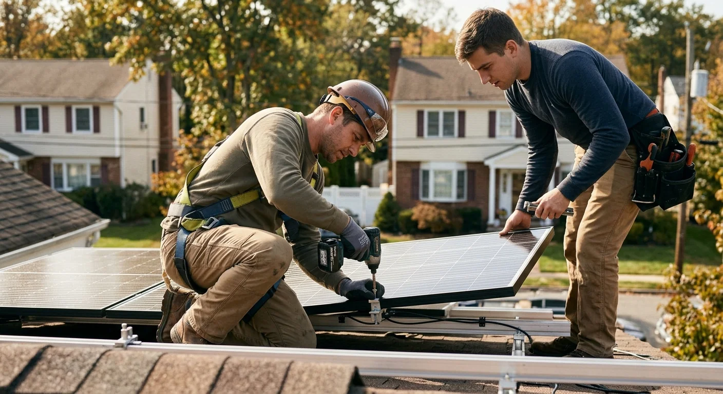 Commercial rooftop solar array under installation on a Paramus business property