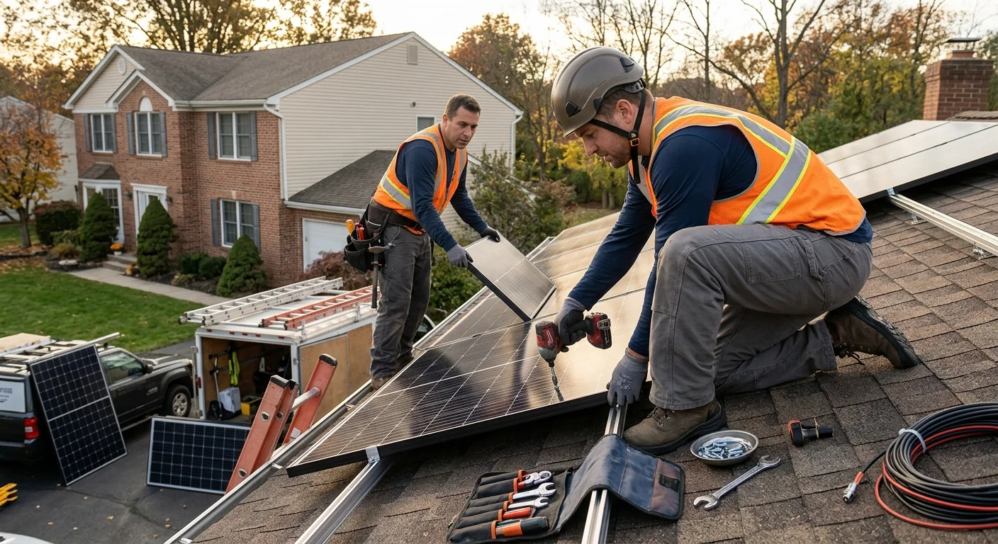 Commercial rooftop solar array being installed on a Paramus business property