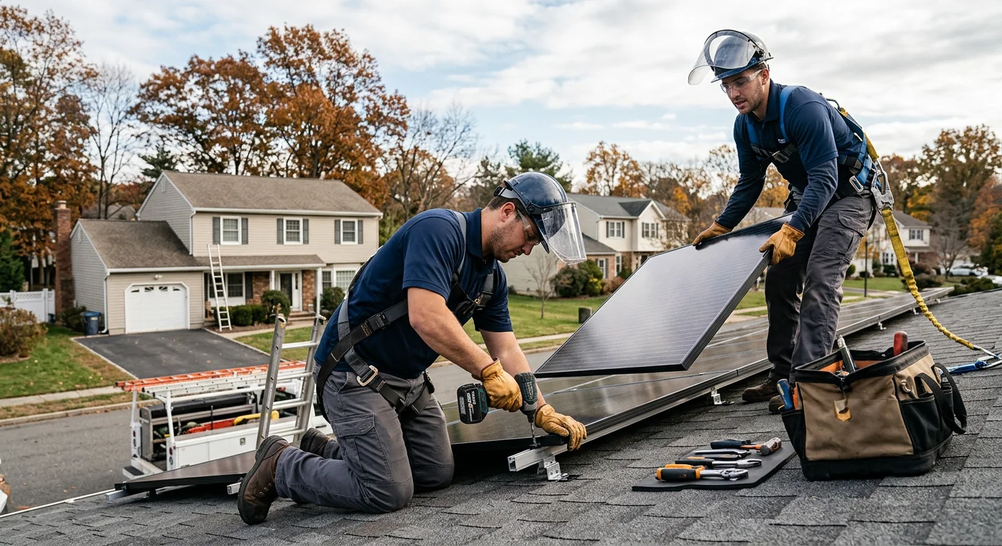 Technicians mounting rooftop solar panels on a commercial building in Paramus