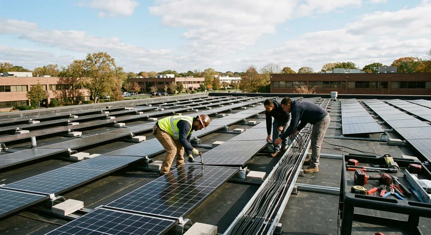 Wide view of a flat-roof commercial solar array installed on a Paramus office building