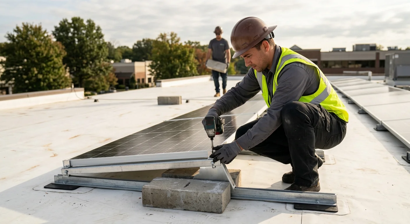 Close-up of ballasted racking securing solar panels on a membrane commercial roof