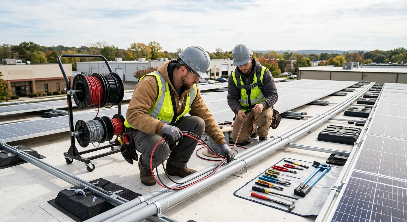 Technicians routing DC conduit and wiring during a commercial solar installation