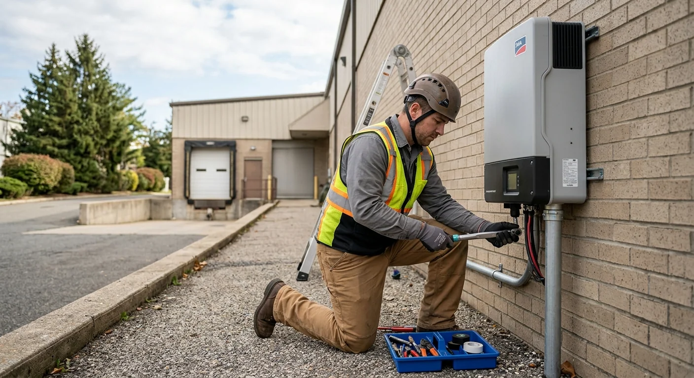 String inverter mounted on an exterior wall of a Paramus warehouse facility