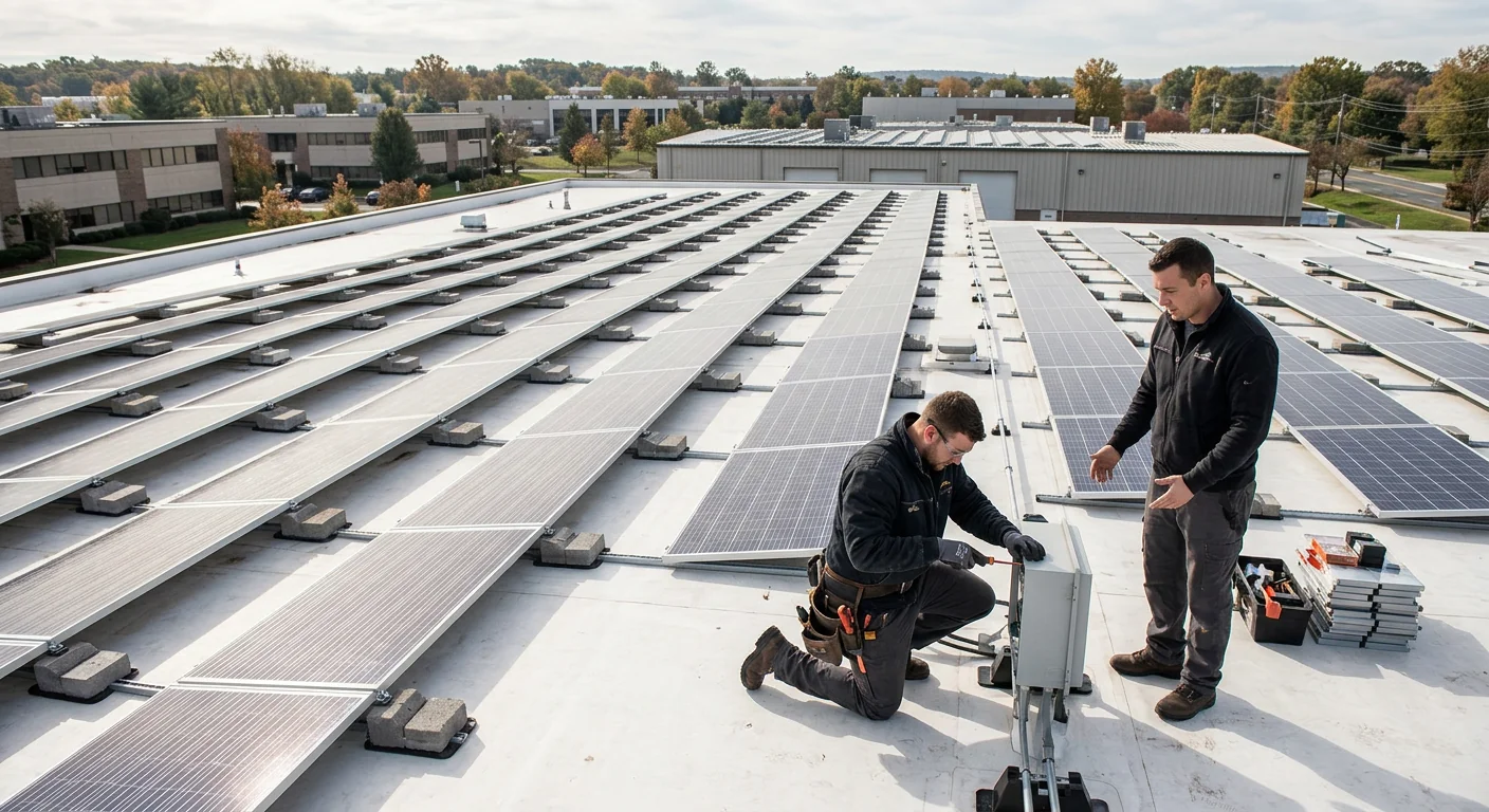 Finished rooftop solar array spanning a large commercial building surface