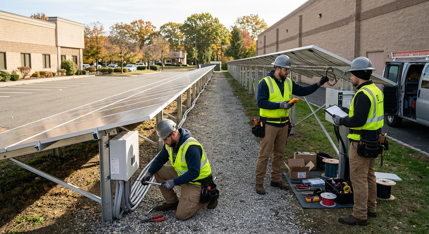 Ground-mount solar panel rows installed beside a commercial property lot