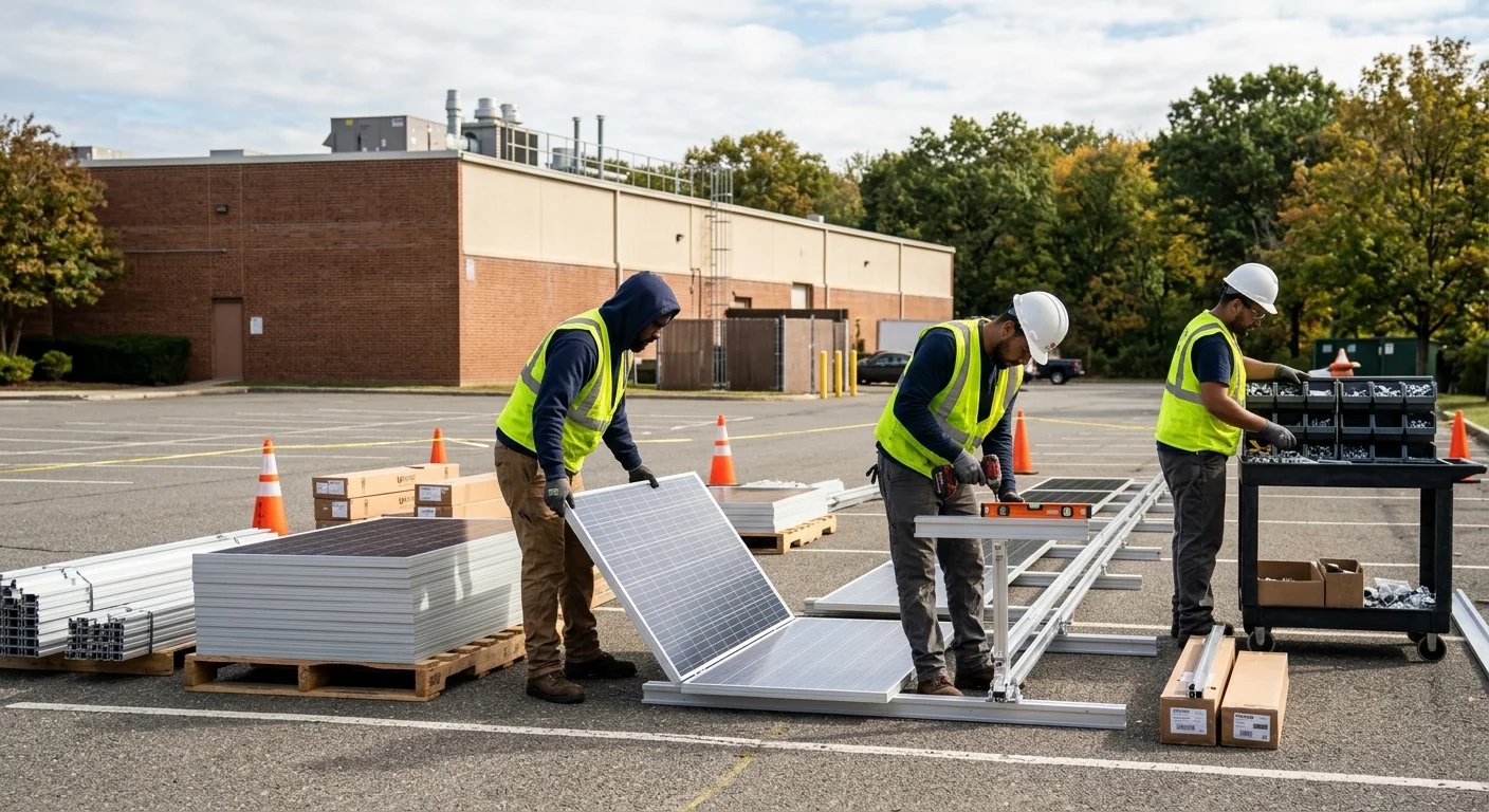 Crew staging panels and racking hardware before a Paramus commercial installation