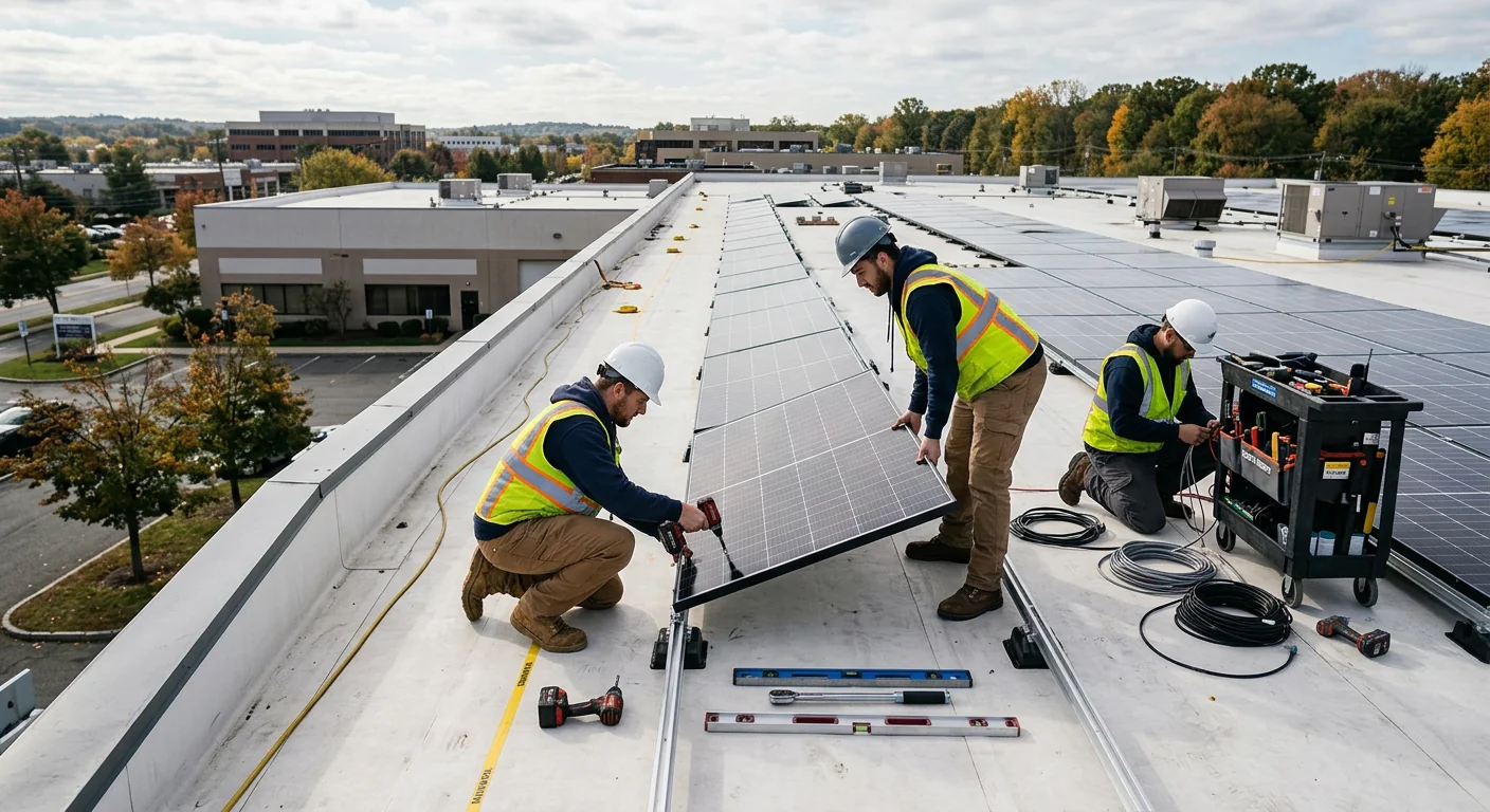 Technicians installing roof-mount solar array on a commercial building in Paramus