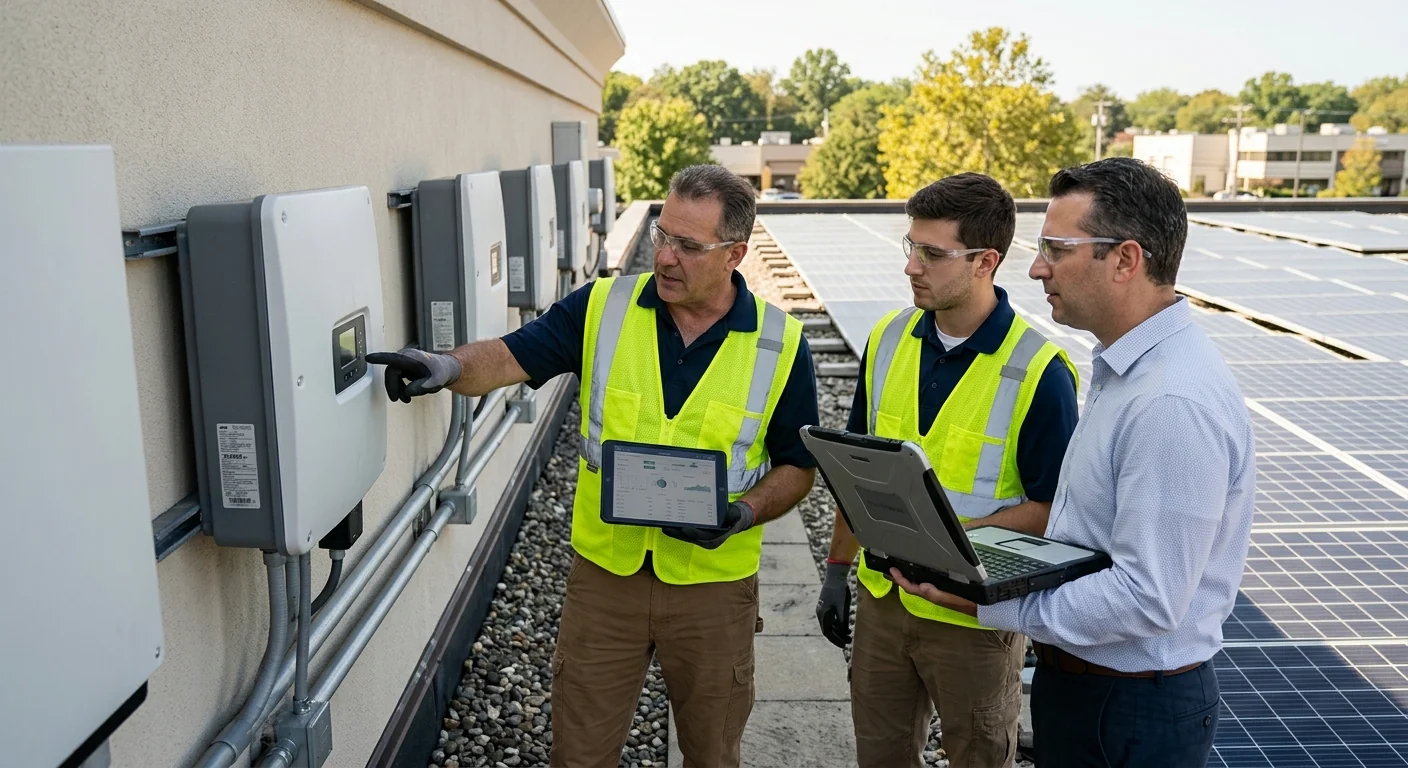 Crew reviewing inverter production monitoring during commercial solar walkthrough in Paramus
