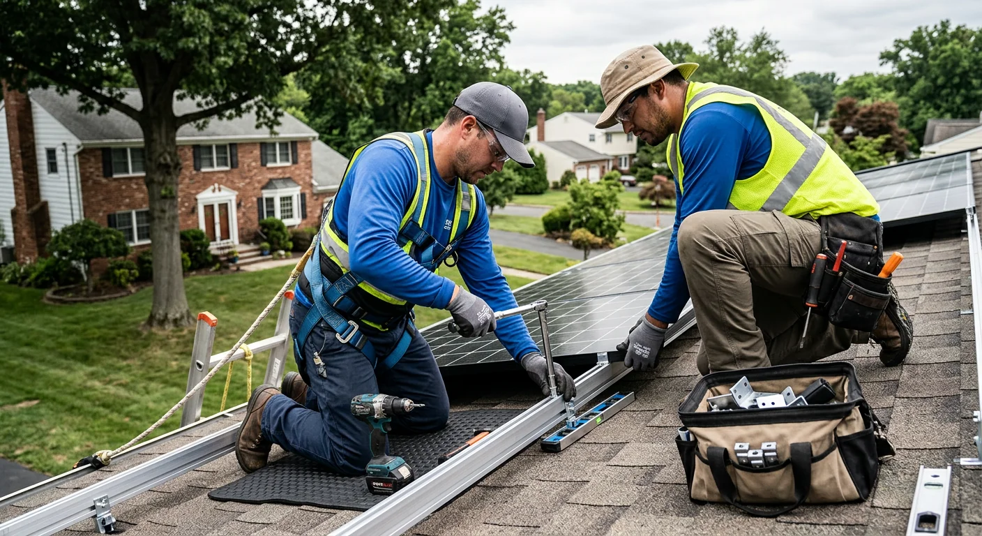 Technician reviewing off-grid solar battery bank and inverter setup at a Paramus home