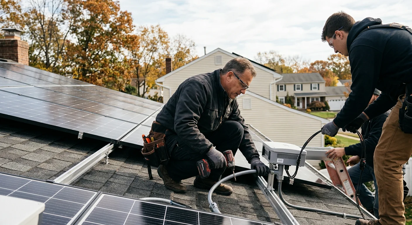 Technician reviewing off-grid solar plans with a Paramus homeowner near battery equipment