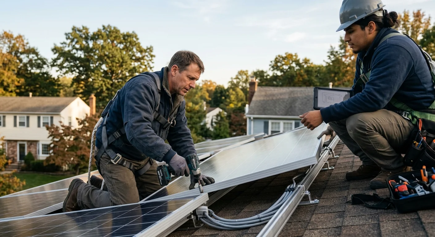 Technician installing off-grid battery bank and solar array at a Paramus property