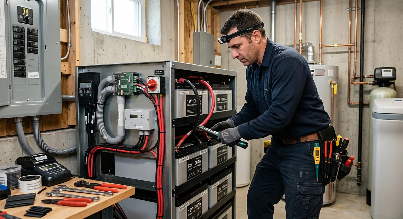 Close-up of a lithium battery bank wired inside a Paramus home utility room