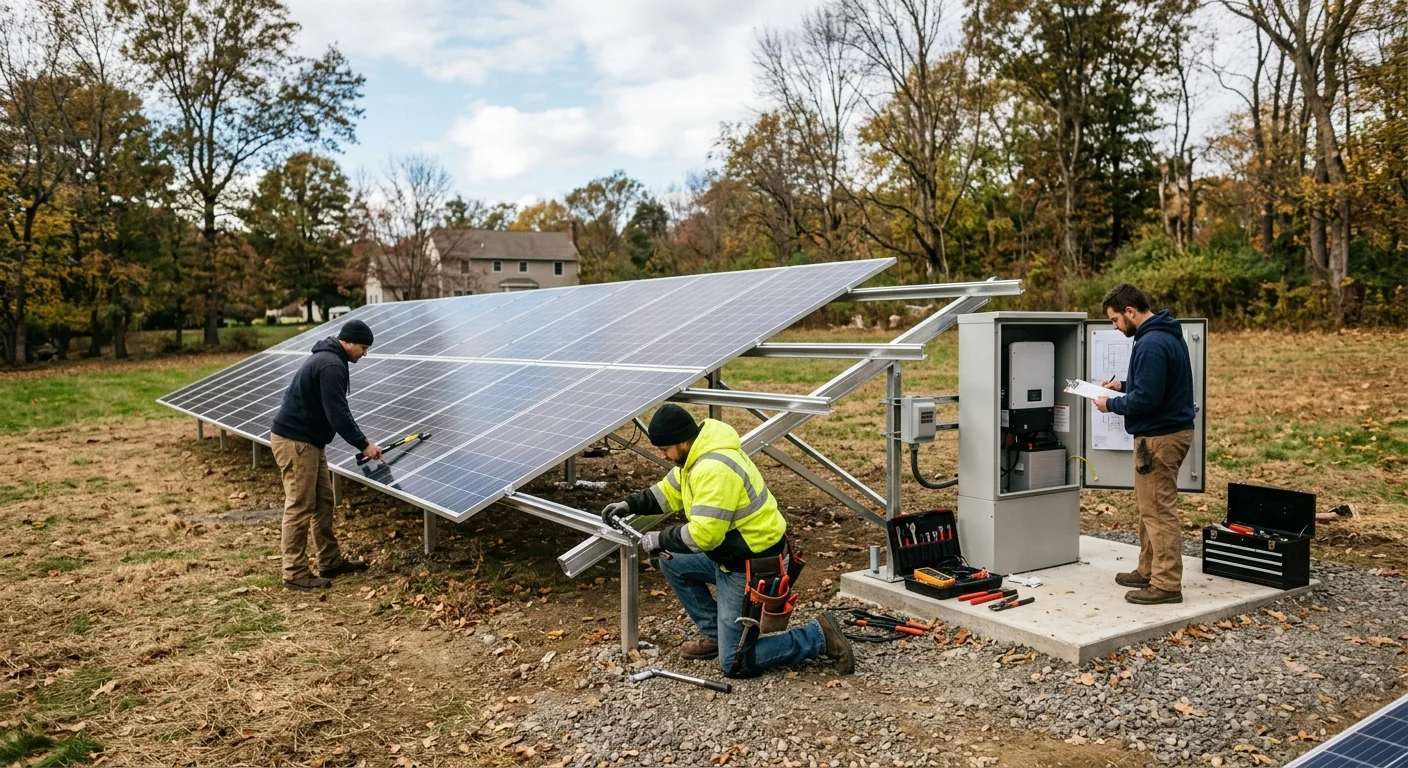 Wide shot of a ground-mounted off-grid solar array on a Paramus property
