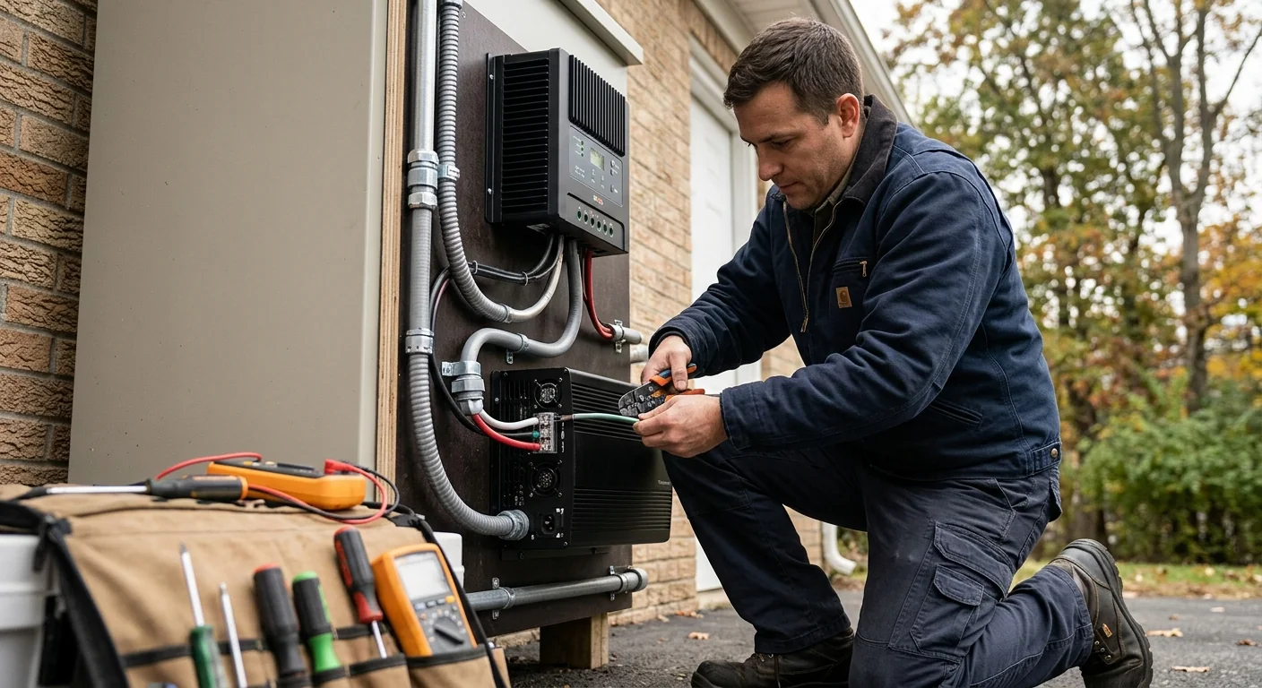 Technician connecting charge controller and inverter during off-grid installation
