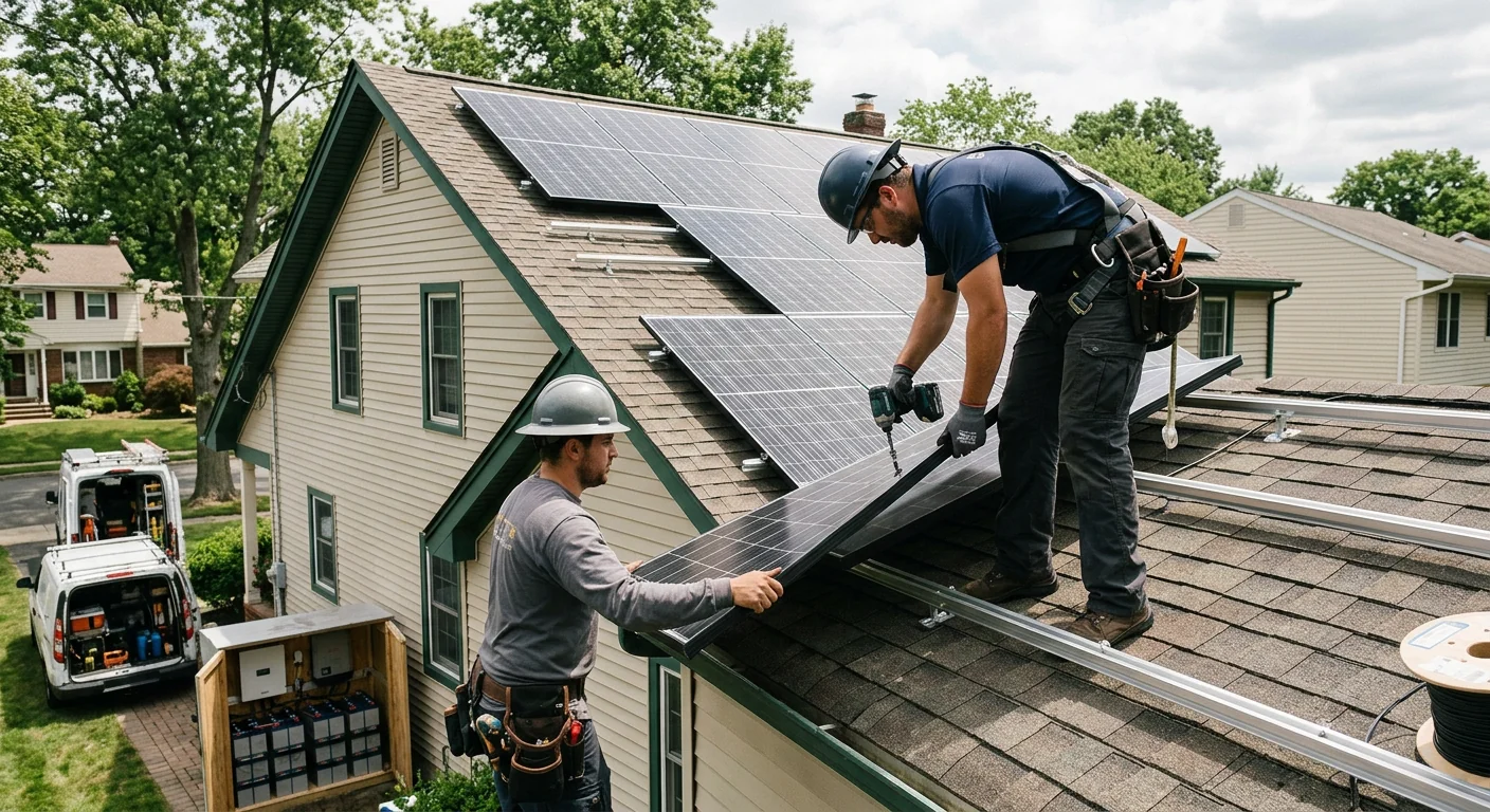 Roof-mounted solar panels feeding an off-grid system on a Paramus home