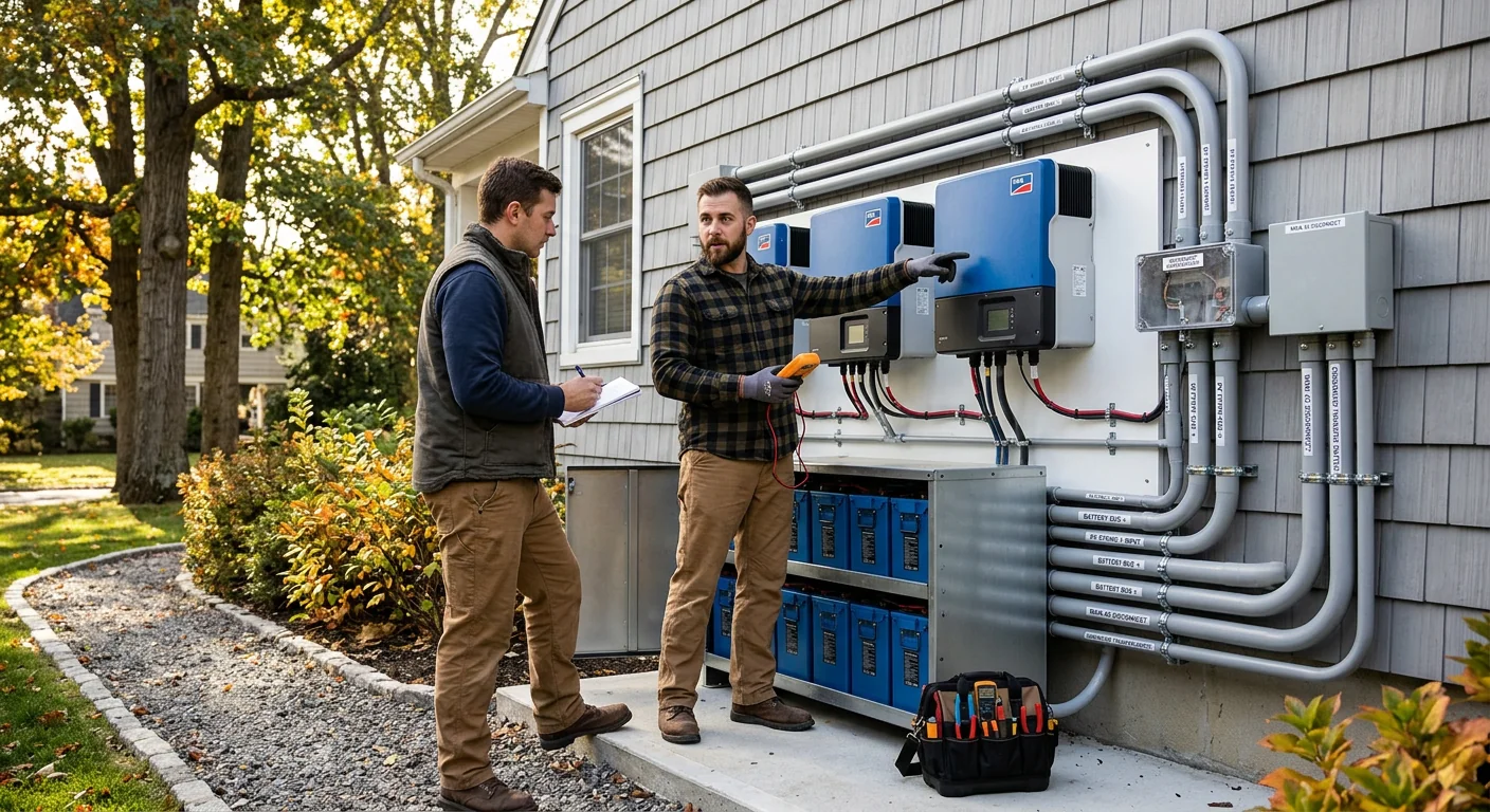 Finished off-grid solar setup with organized conduit runs and labeled wiring