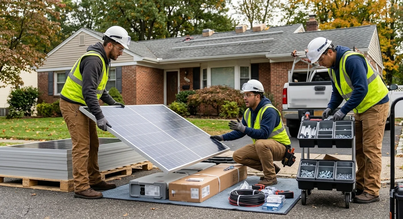 Crew staging solar panels and mounting hardware before installation begins