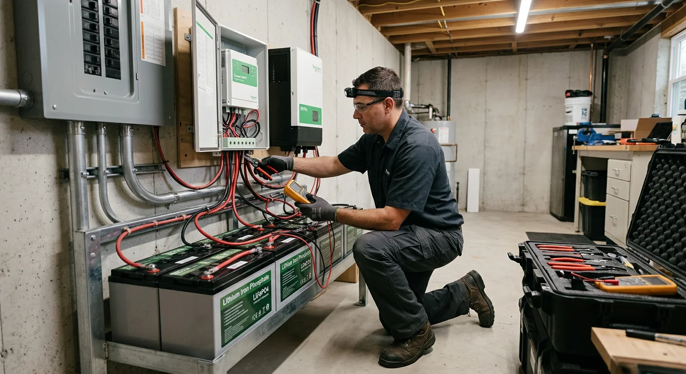 Technician configuring off-grid battery bank and charge controller for a Paramus home