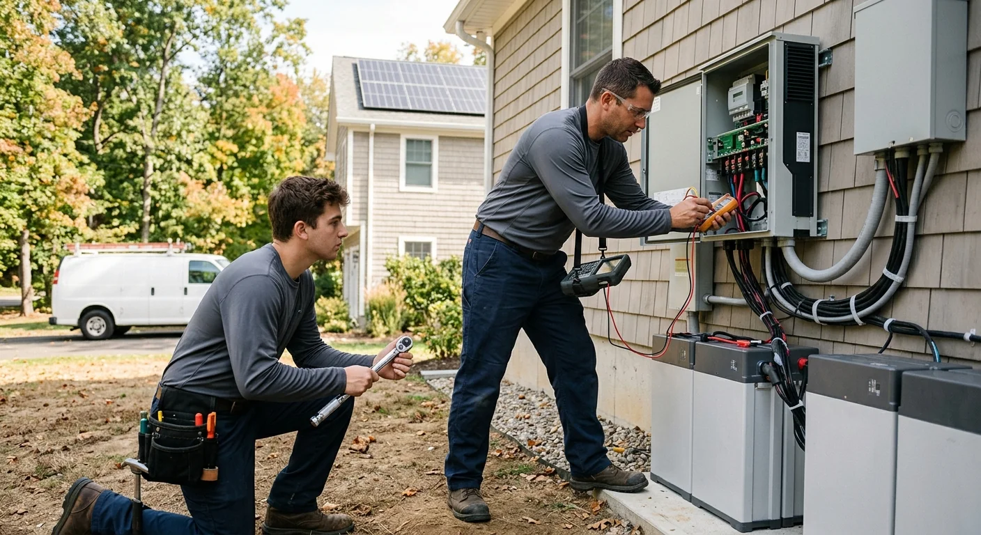 Installer testing solar inverter and system commissioning during off-grid setup
