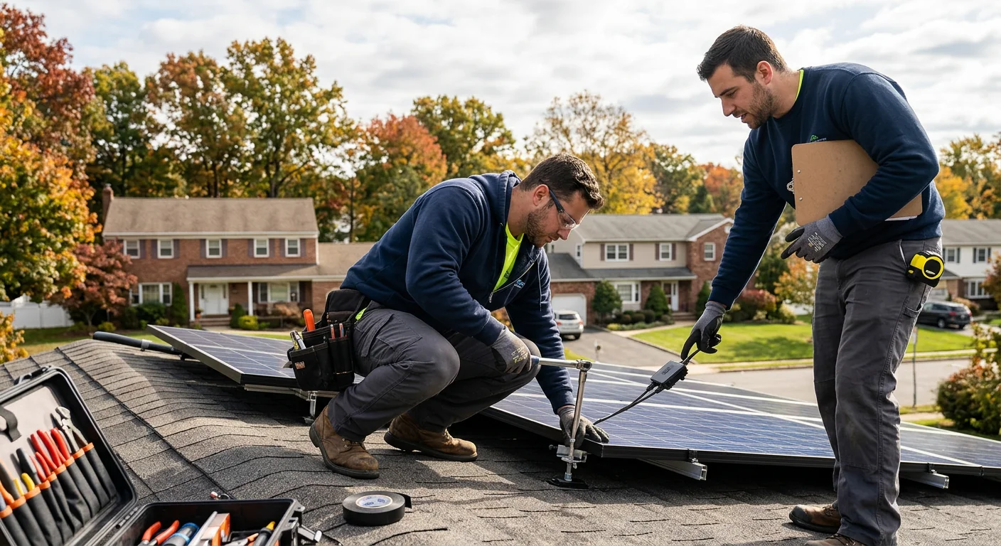 Technician reviewing rooftop solar layout and pricing details for a Paramus home