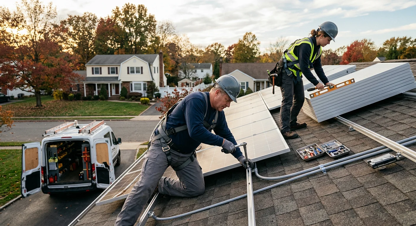 Homeowner reviewing residential solar installation estimate with technician in Paramus