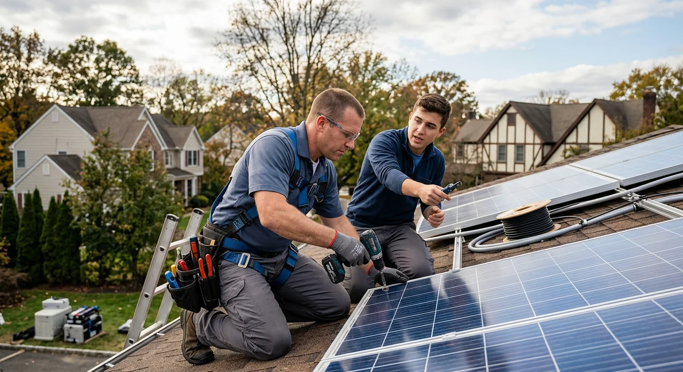 Technicians mounting rooftop solar panels on a Paramus residential home