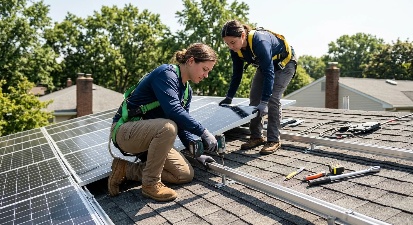 Close-up of solar panels mounted on a single-story Paramus ranch rooftop
