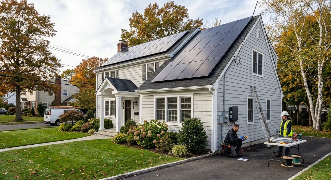 Wide shot of a finished residential solar array on a colonial home in Paramus