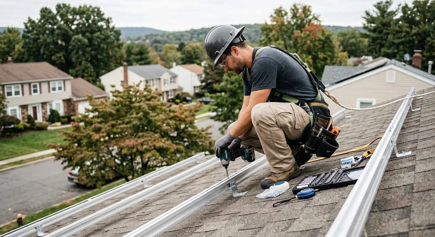 Installer securing racking hardware to a pitched rooftop during solar installation