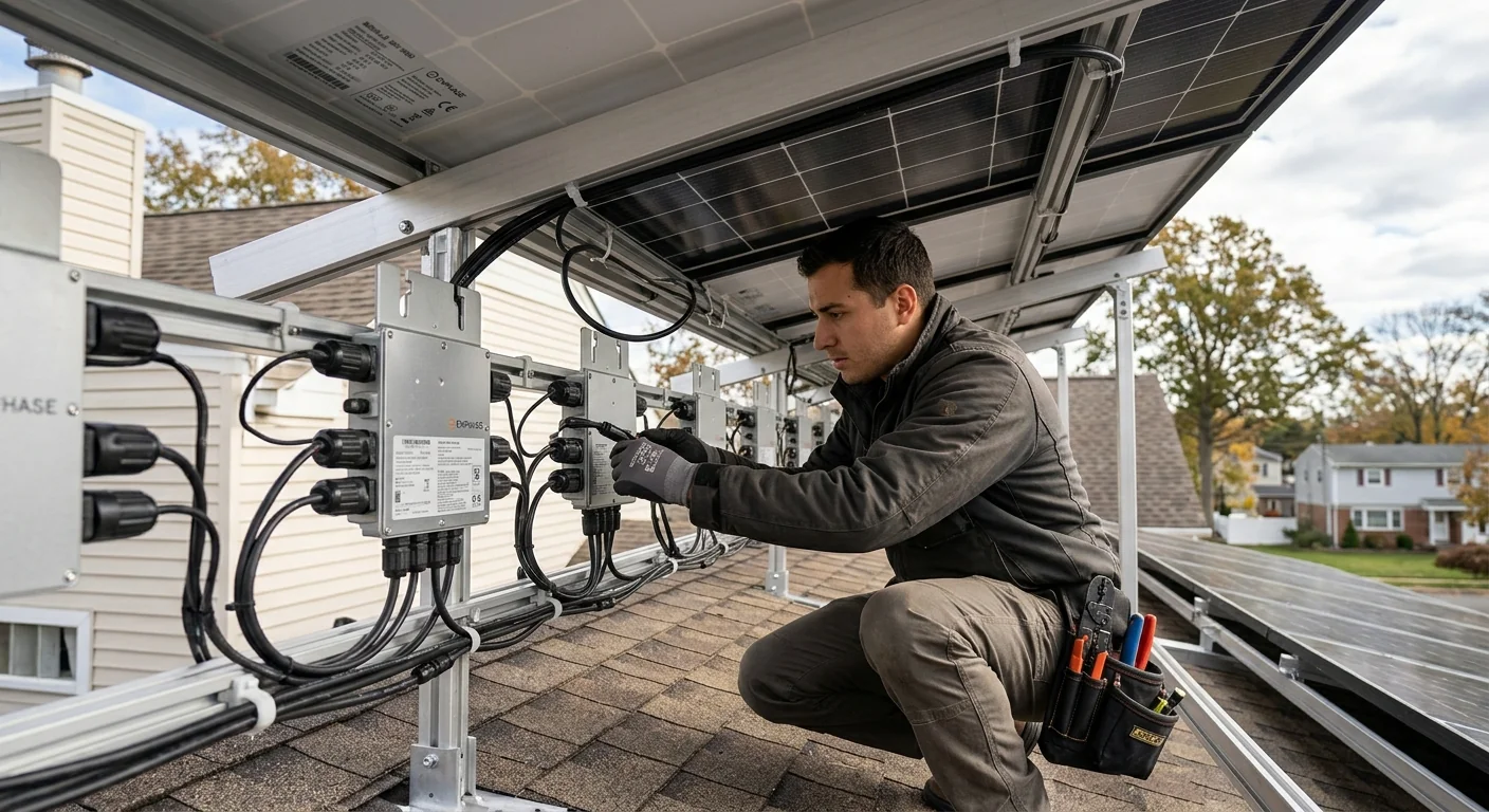 Microinverter and wiring connections beneath solar panels on a suburban roof