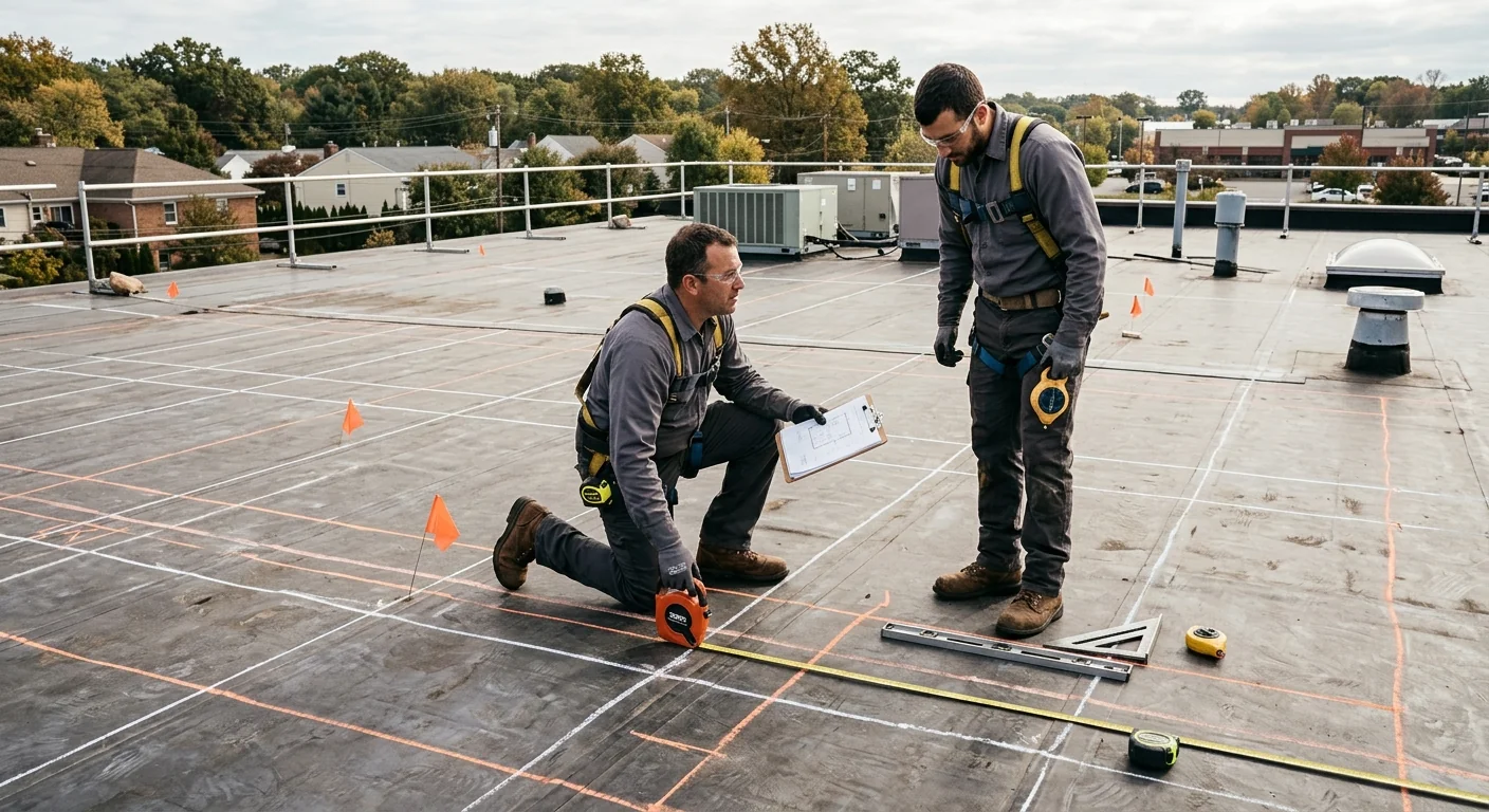 Rooftop before installation showing measured layout markings for panel placement