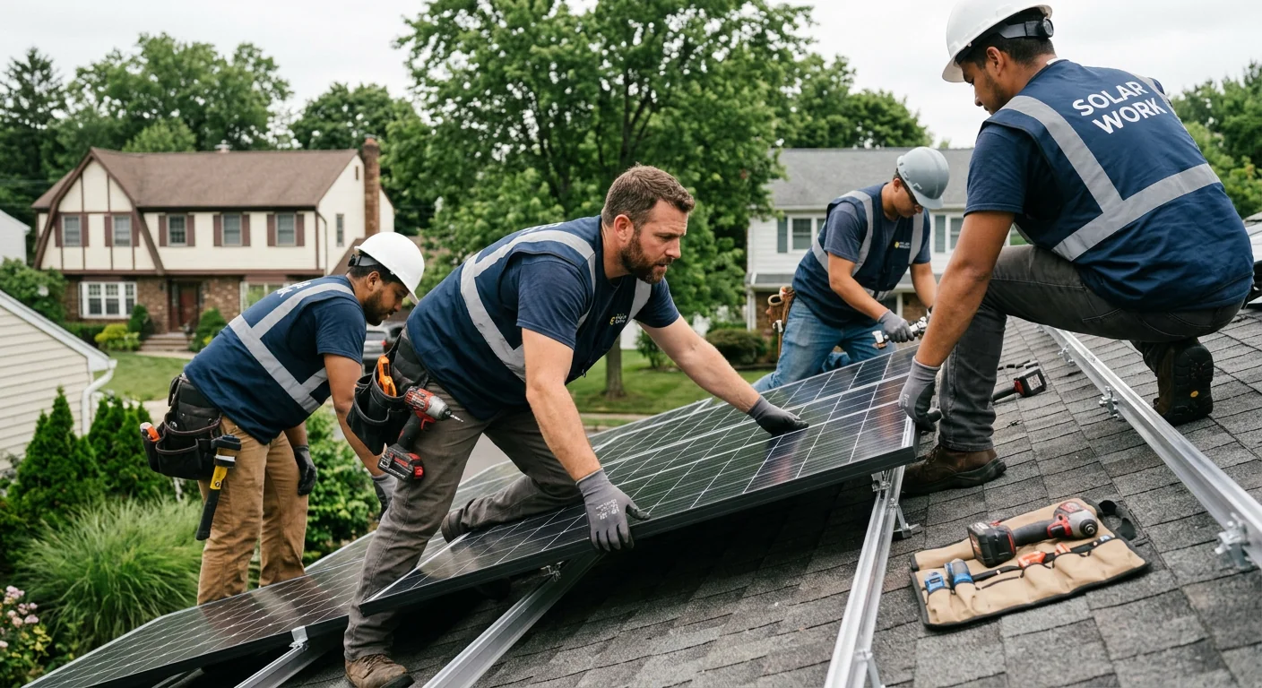 Crew guiding solar modules into position on a Paramus residential rooftop