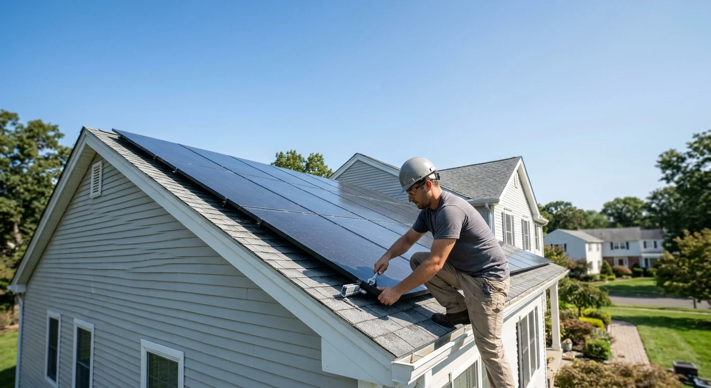 Ground-level view of a completed home solar system against a clear sky