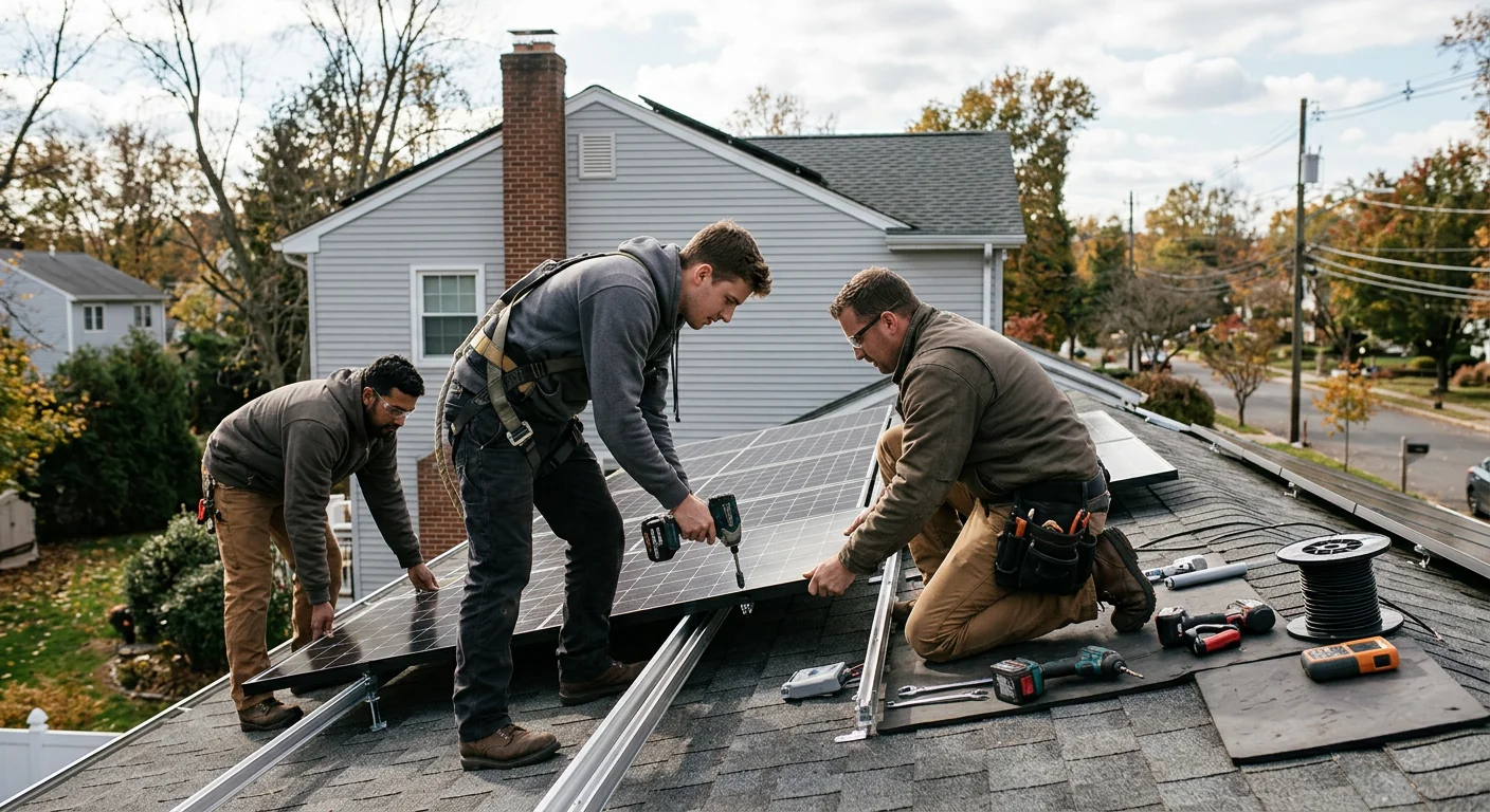 Solar technicians mounting rooftop panel array on a Paramus residential home