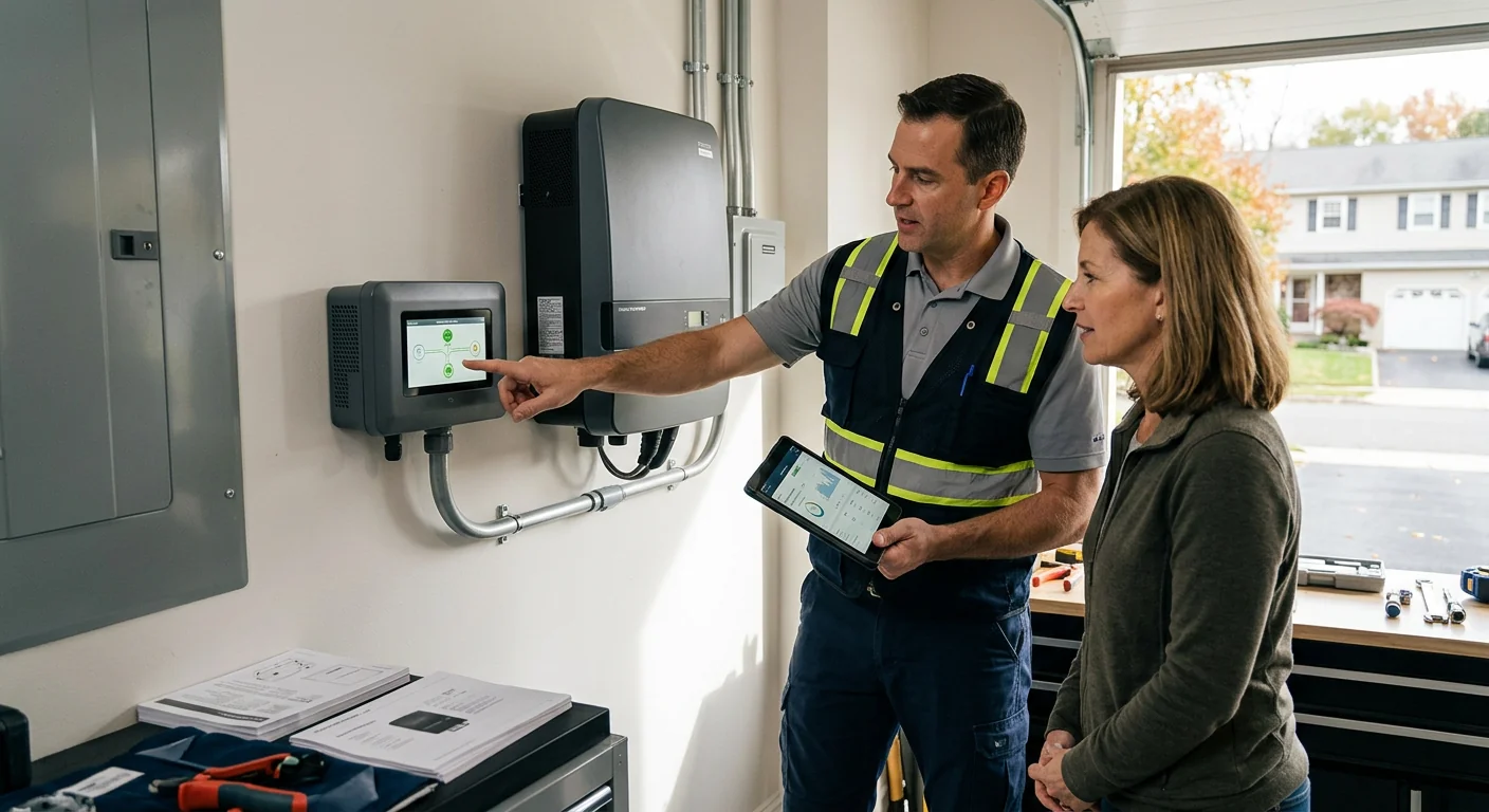 Homeowner reviewing solar monitoring setup during post-installation walkthrough in Paramus