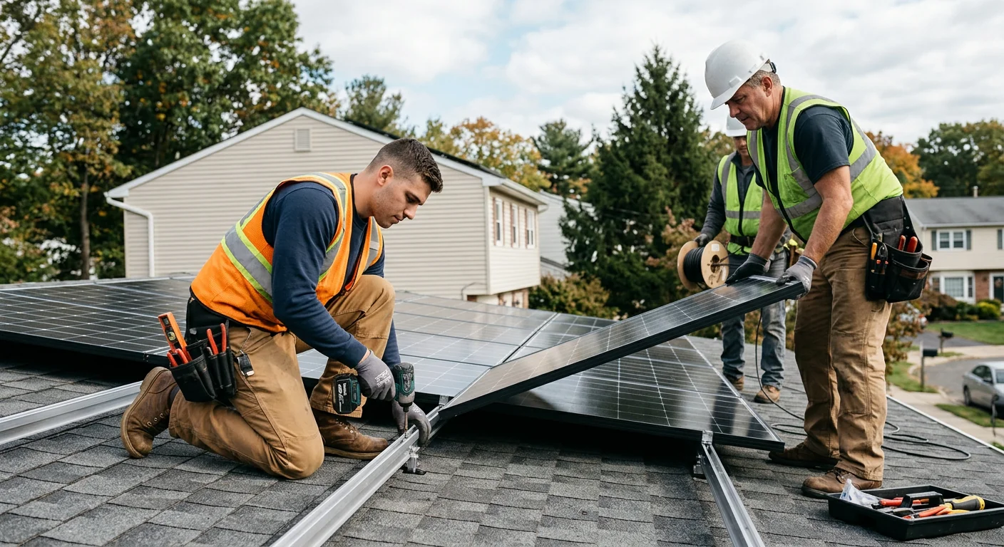 Wall-mounted solar battery unit installed beside an inverter in a Paramus garage