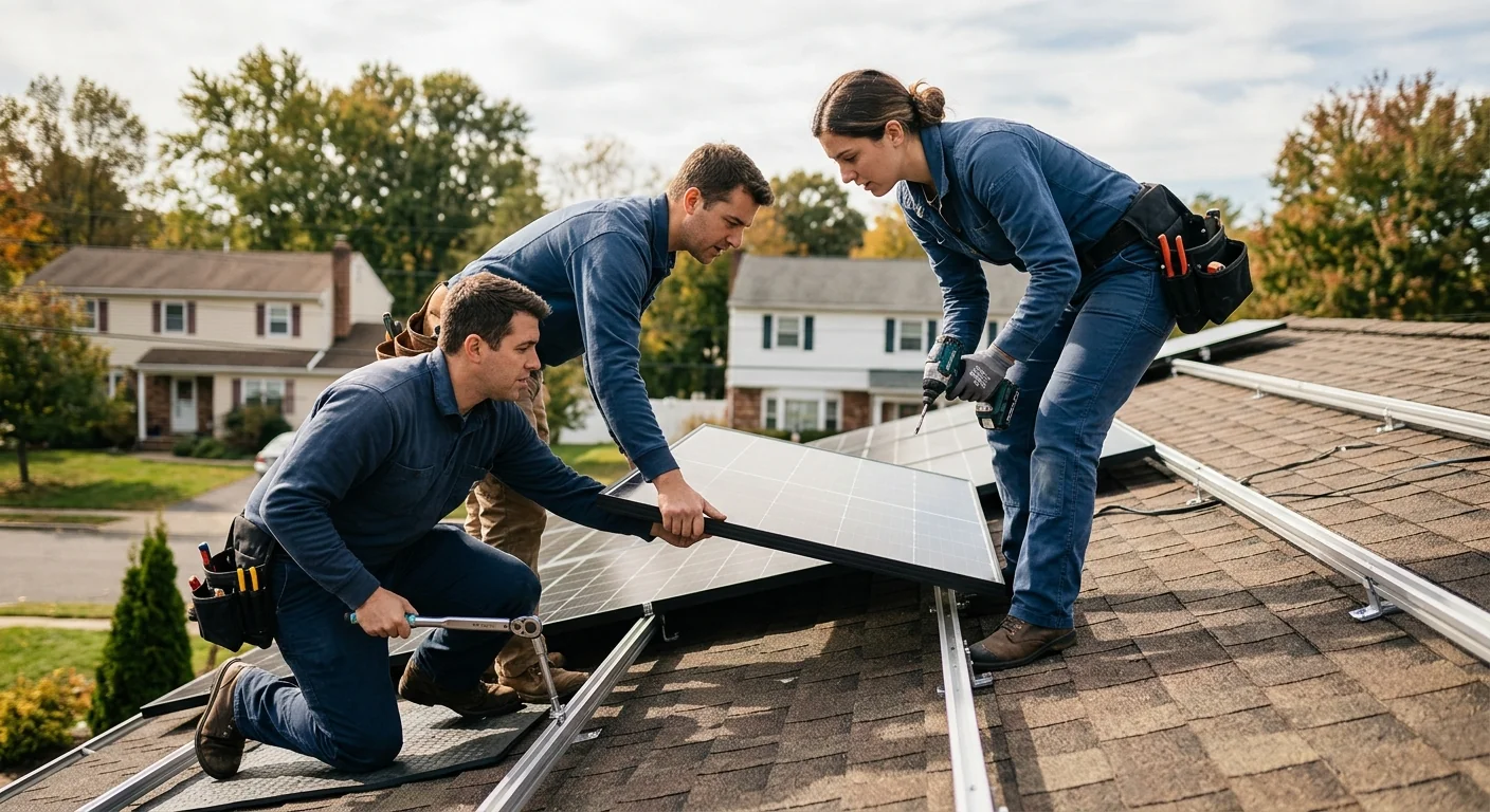 Technician mounting a solar battery storage unit inside a Paramus home garage