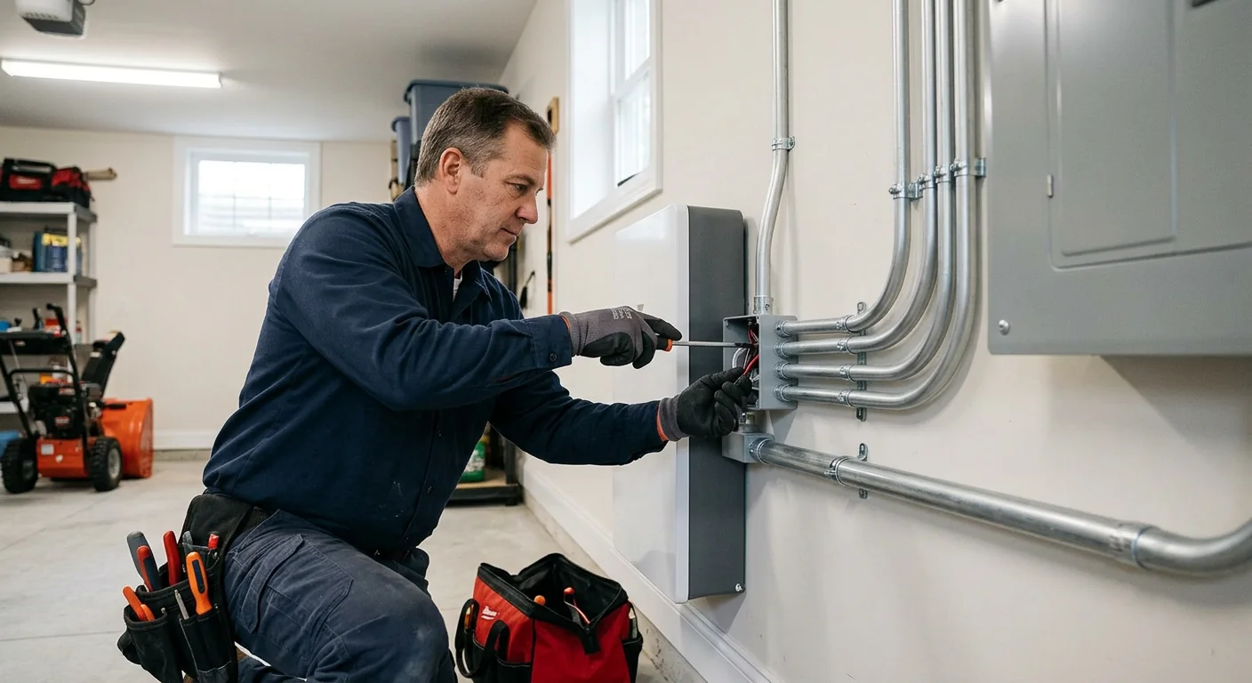 Close-up of a wall-mounted solar battery with neat conduit routing in a Paramus home