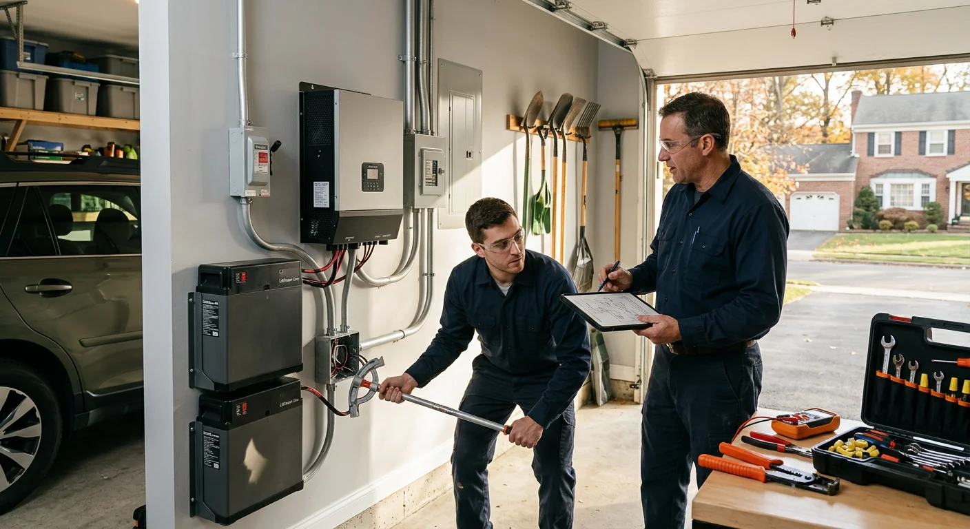 Wide shot of a residential garage with dual battery modules and hybrid inverter