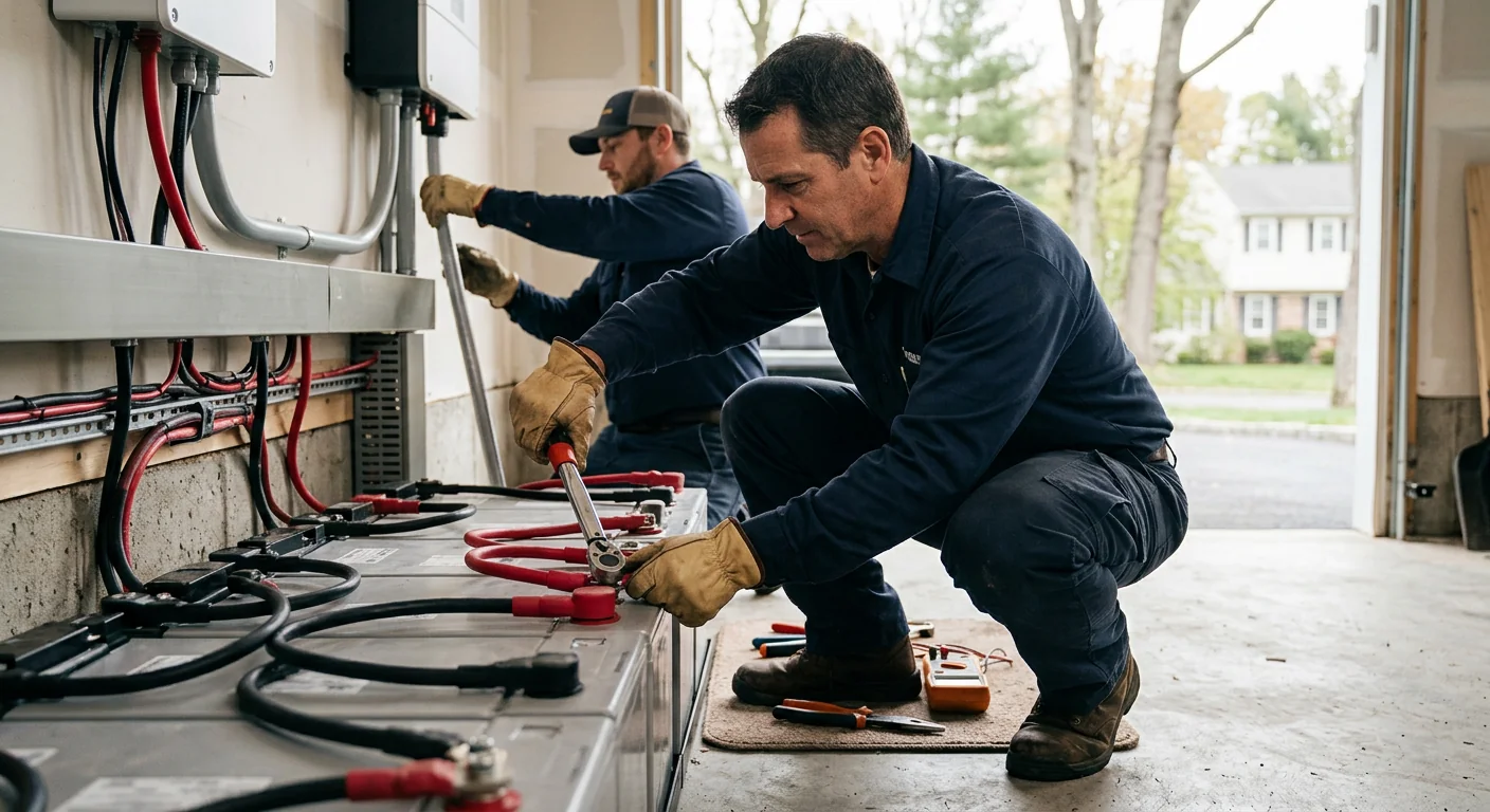 Technician connecting battery terminals during a Paramus solar storage installation