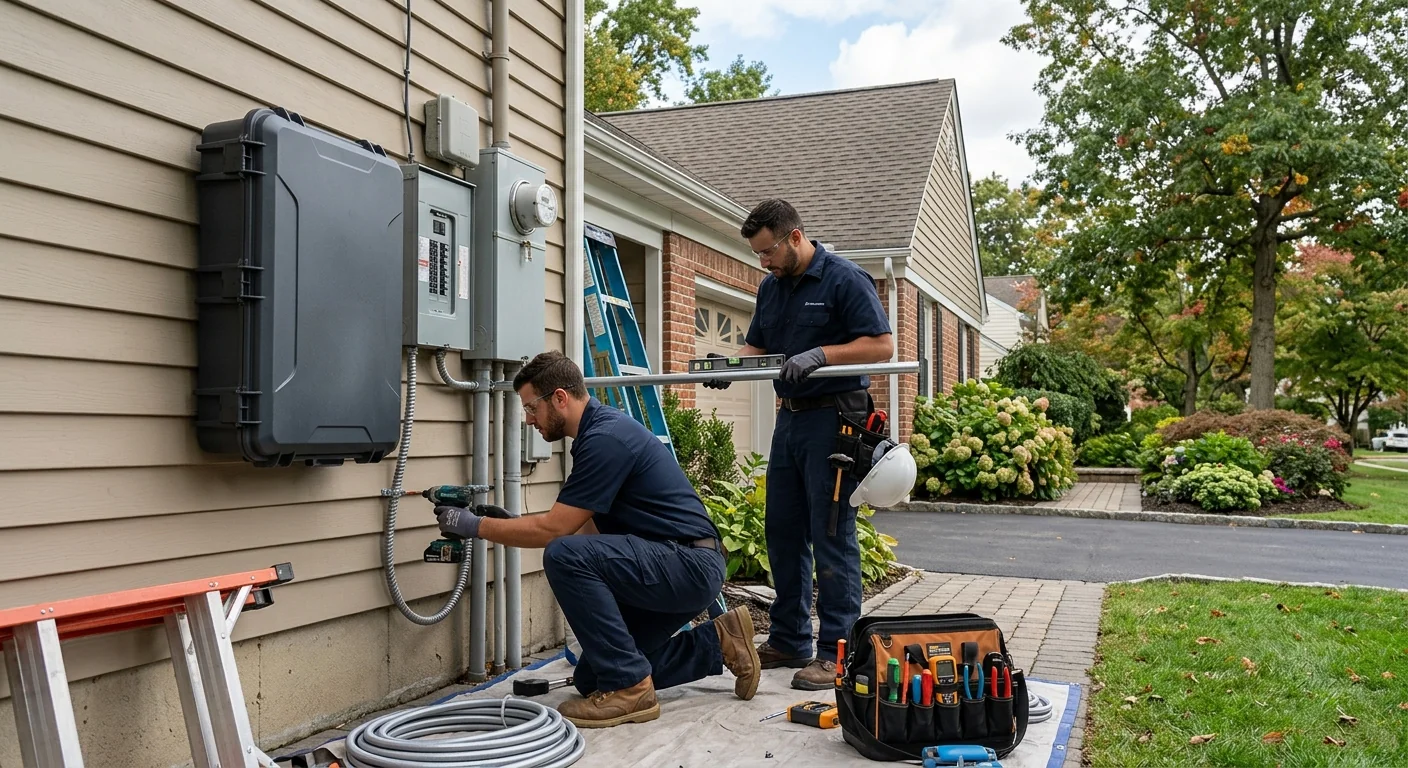 Outdoor weather-rated battery enclosure mounted beside a home exterior wall