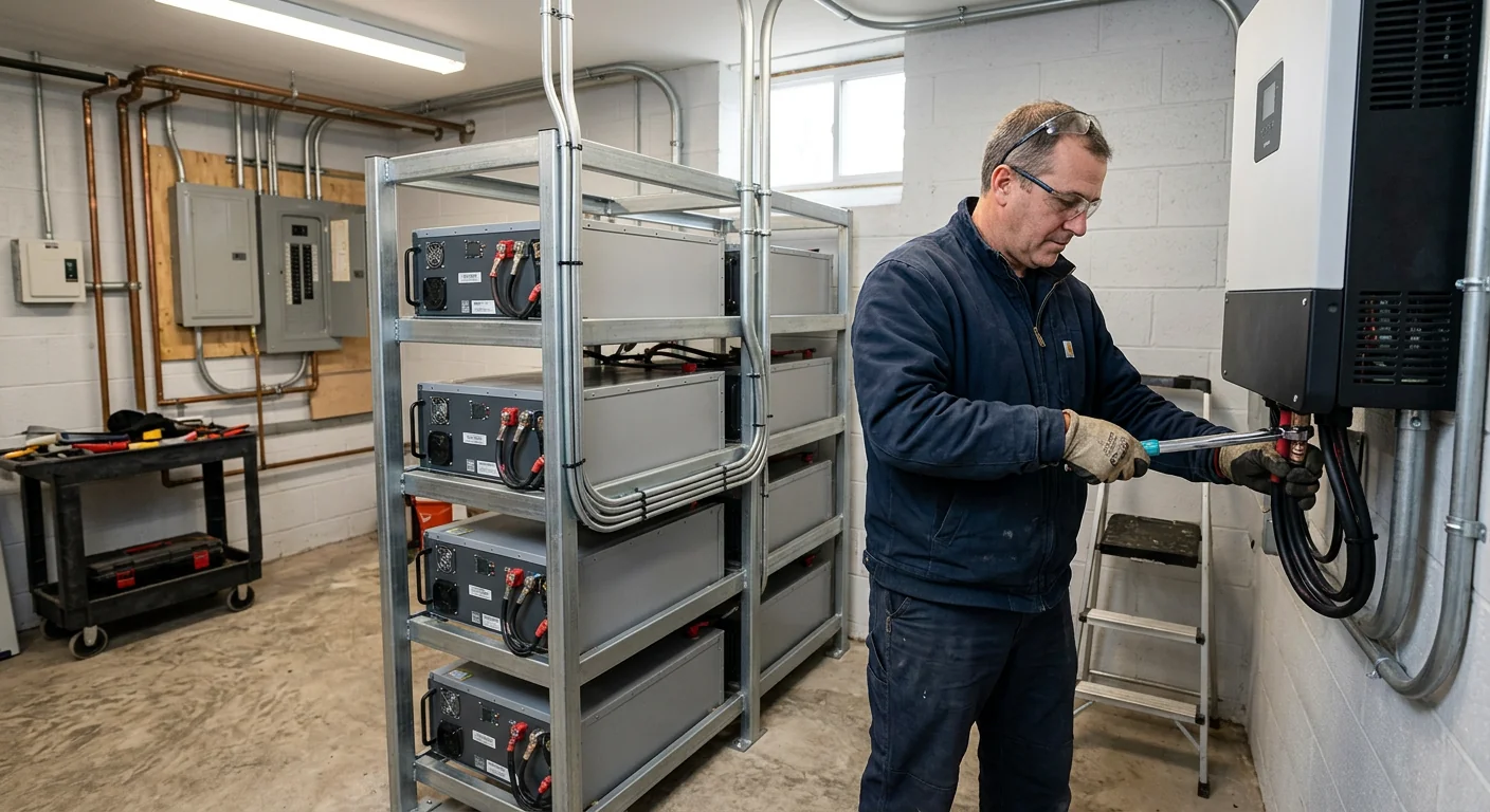 Finished multi-battery bank installed in a small commercial utility room