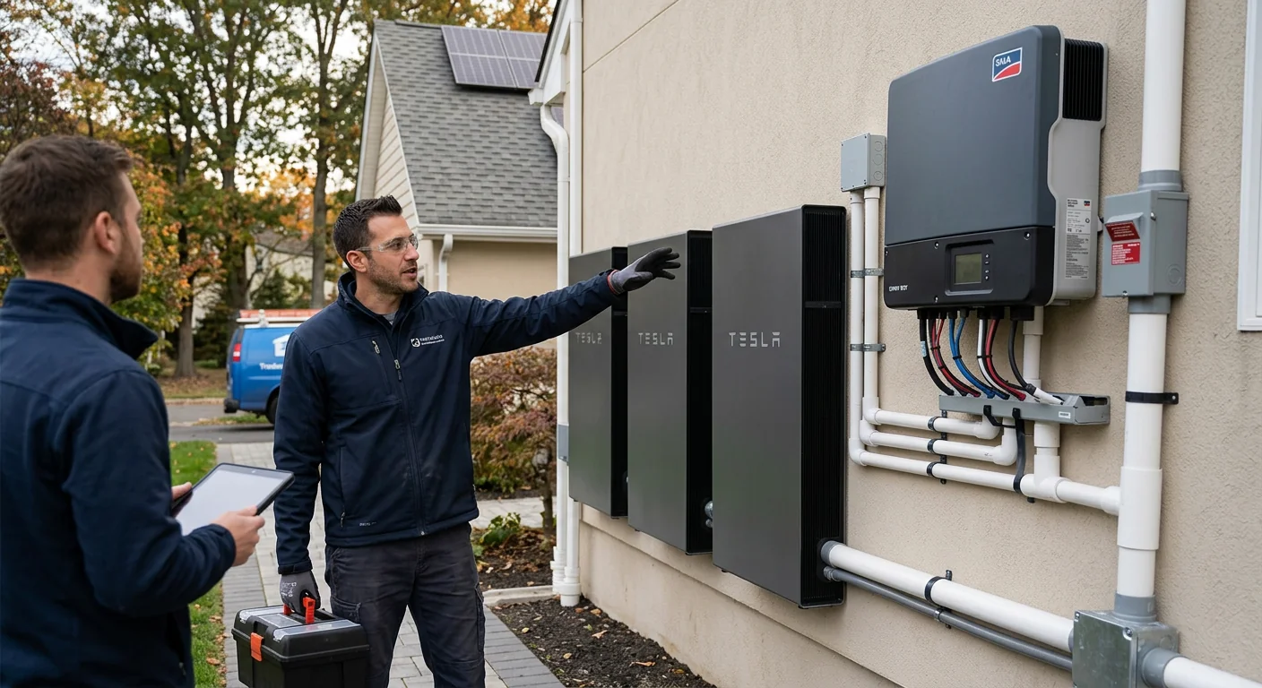 Wide view of completed solar storage system with inverter and clean cabling