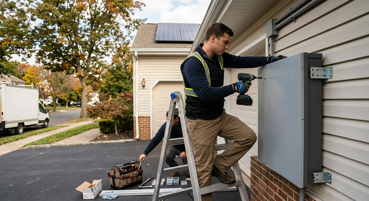 Technician mounting a solar battery enclosure during a residential storage installation in Paramus