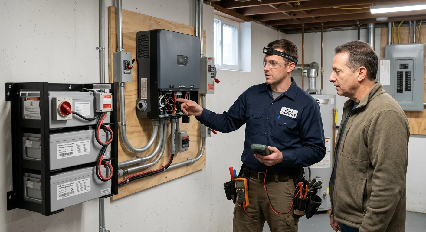 Wired hybrid inverter and battery bank checked during a post-installation walkthrough