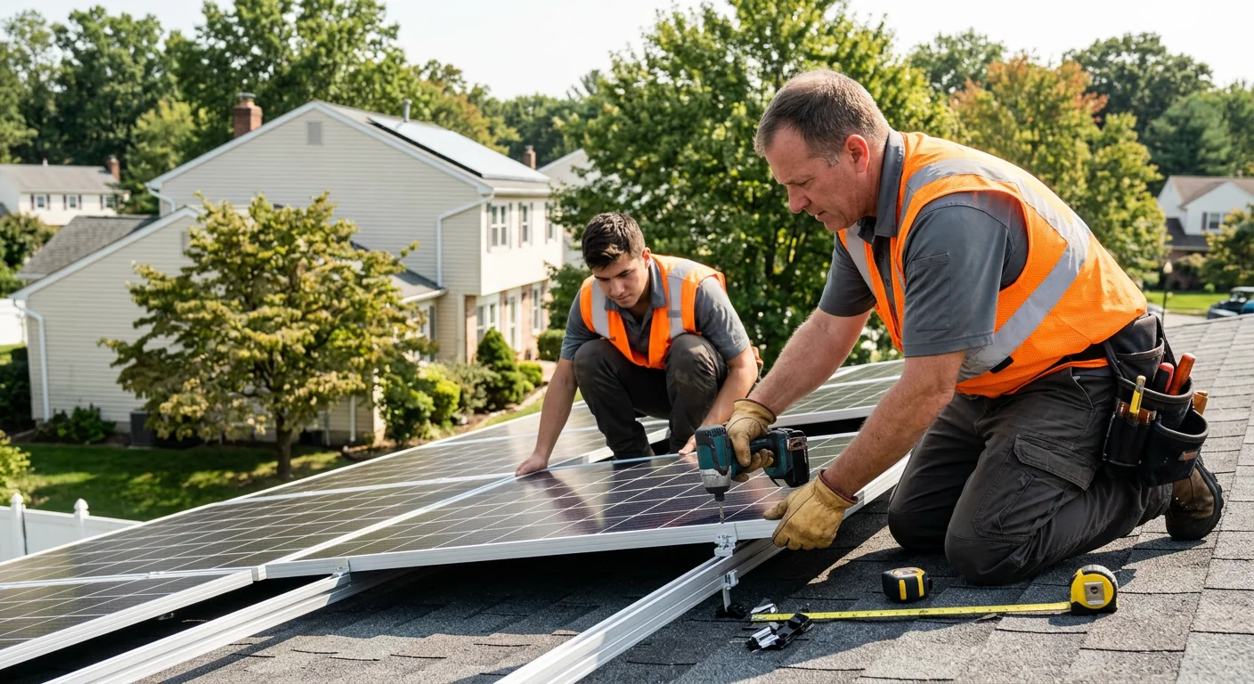 Technician inspecting a wall-mounted solar inverter unit during a Paramus system evaluation