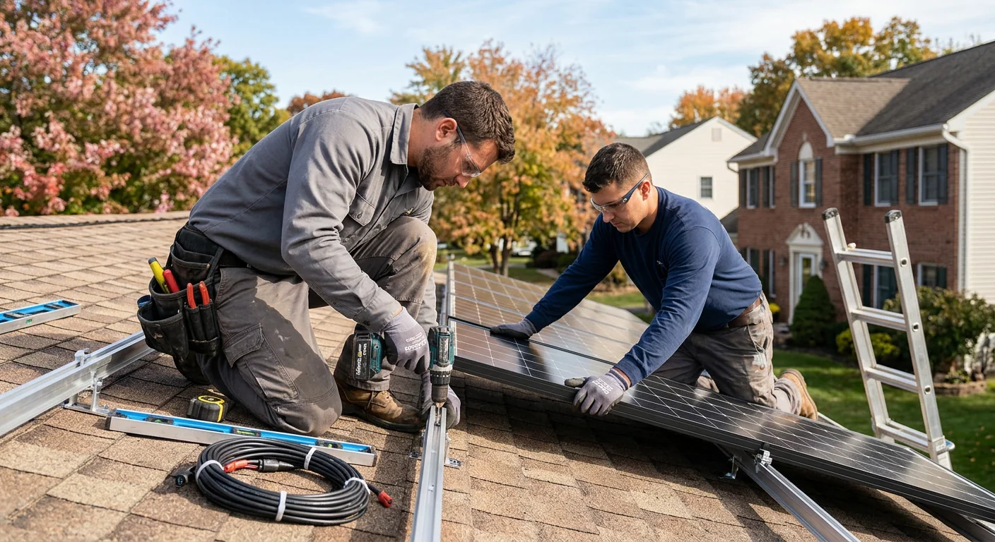 Solar technician installing a replacement inverter on a Paramus home exterior wall