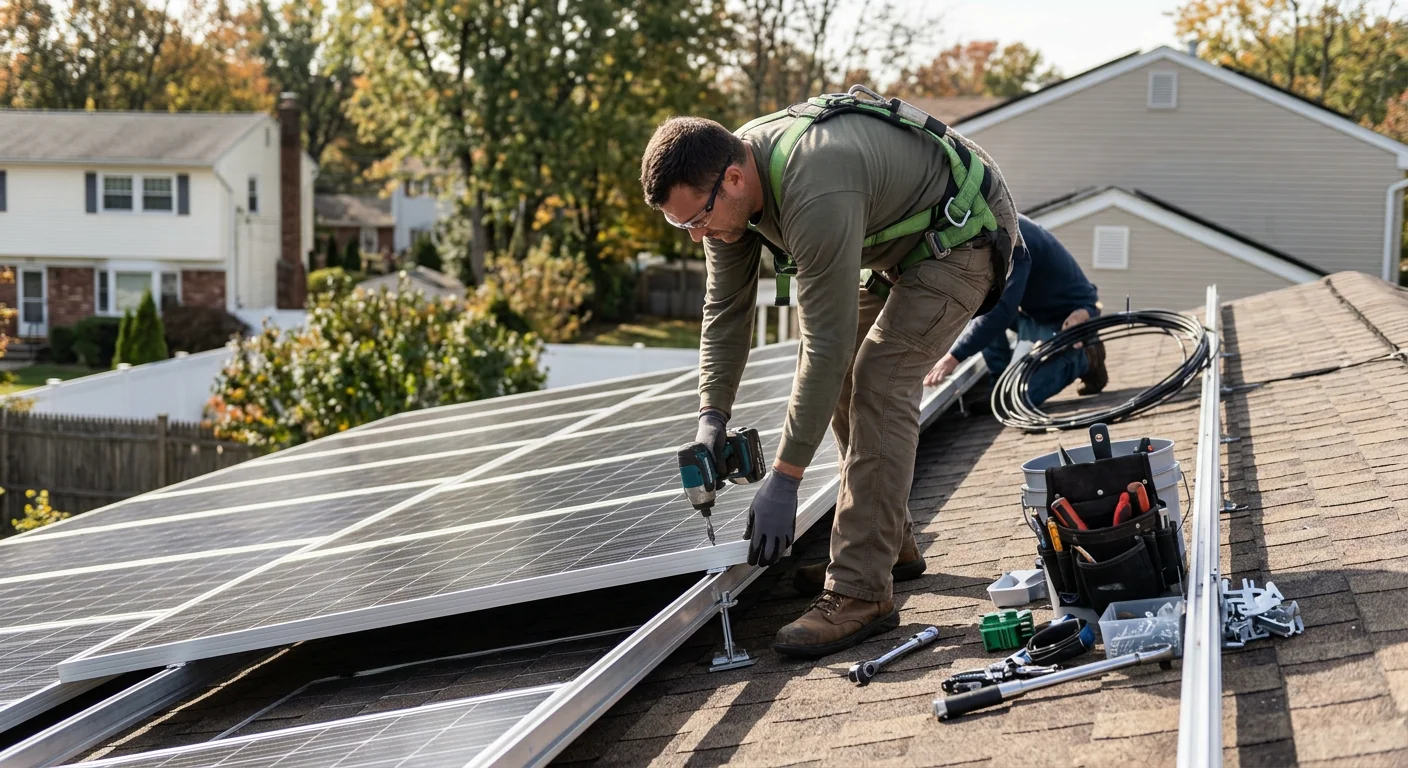 Technician mounting a solar inverter on a residential wall in Paramus