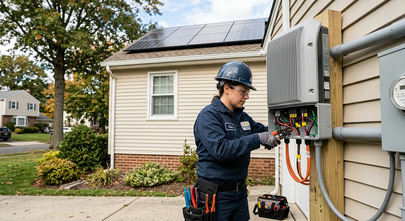 Close-up of a newly installed string inverter wired to a residential array in Paramus