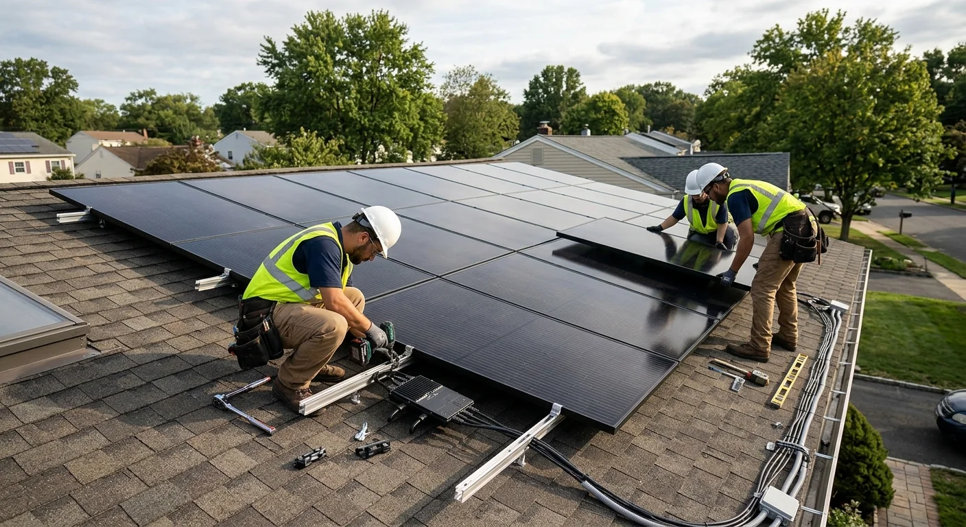 Wide shot of a rooftop solar array with microinverters on a Paramus home